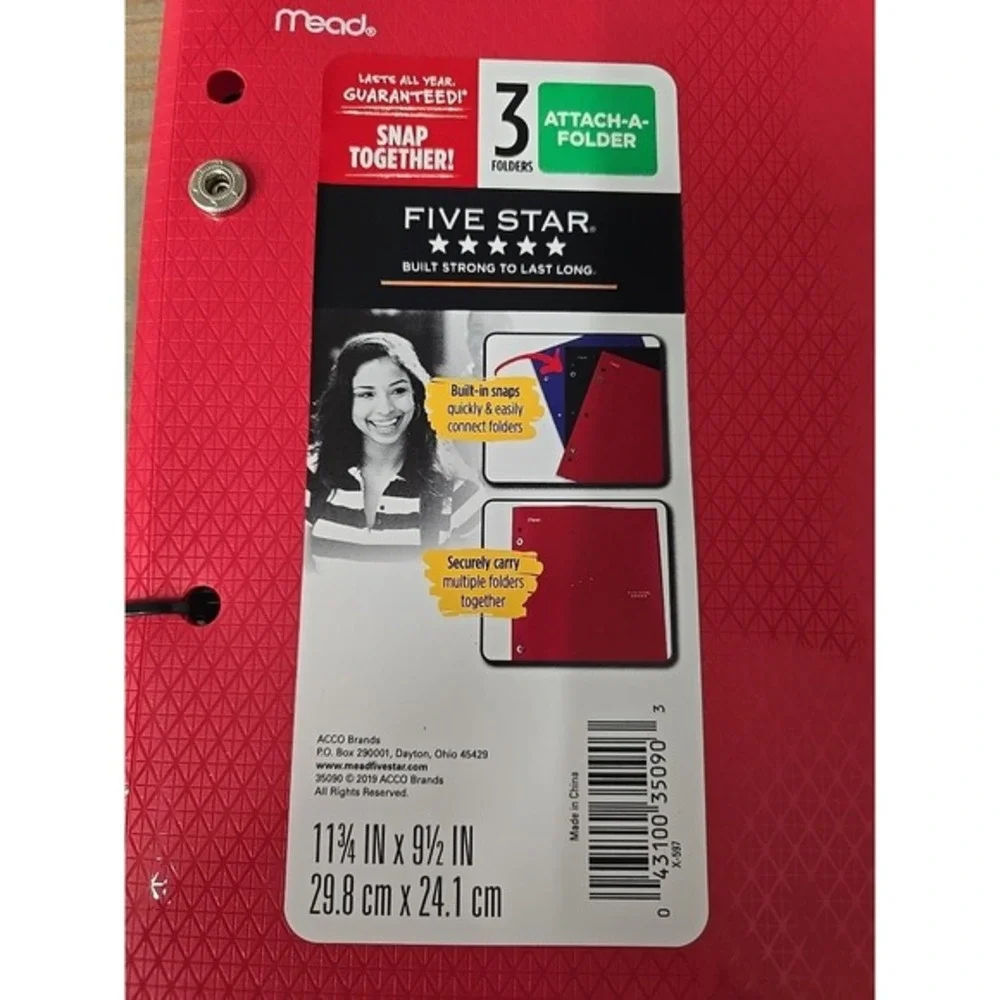 Mead Five‎ Star School 3-Folder Attach A Folder Snap Together Red Binder New